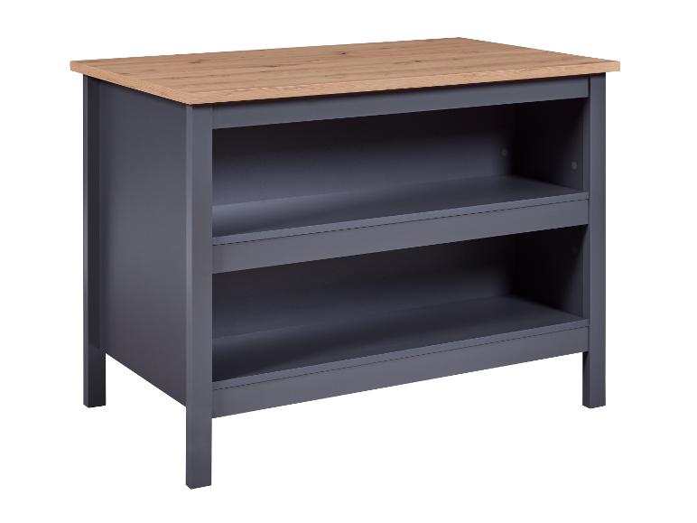 Étagère ouverte grise avec plateau en bois.