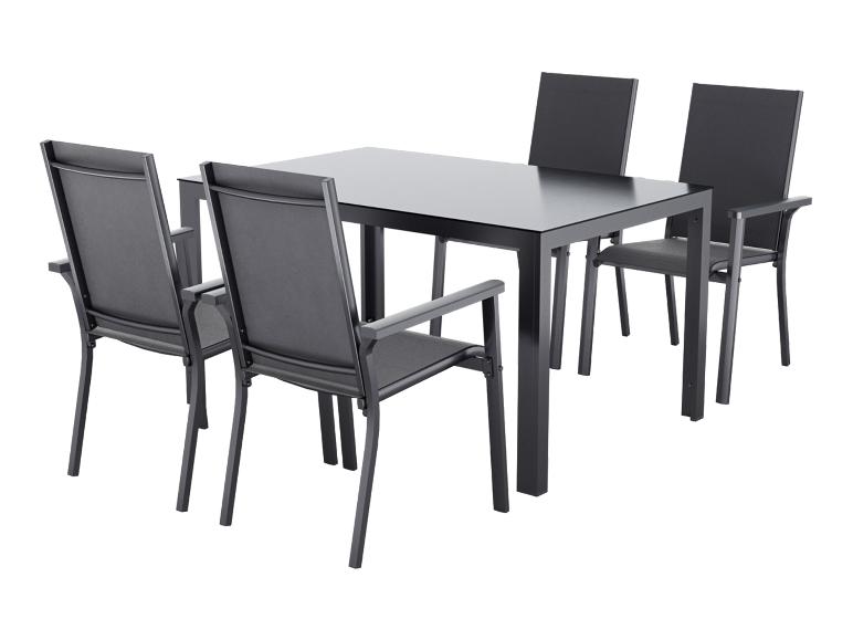 Ensemble de mobilier de jardin avec table et quatre chaises gris foncé.