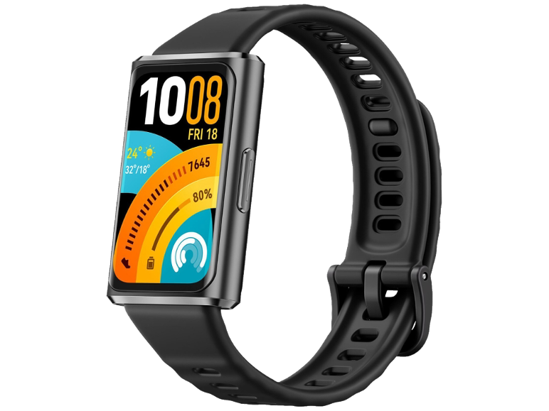 Bracelet connecté noir avec écran couleur affichant l'heure, les pas et la batterie.