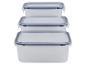 Trois contenants alimentaires en plastique transparent avec couvercles bleus.