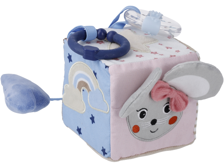 Cube d'activités en tissu avec visage de souris, arc-en-ciel et anneau de dentition.
