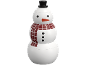 Un bonhomme de neige blanc avec un chapeau noir, un nez de carotte orange, des yeux et des boutons noirs, et une écharpe à carreaux rouges et blancs.