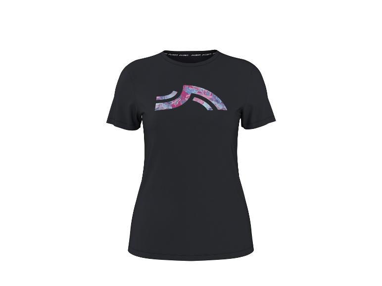 T-shirt noir pour femme avec un motif abstrait rose et bleu sur le devant.