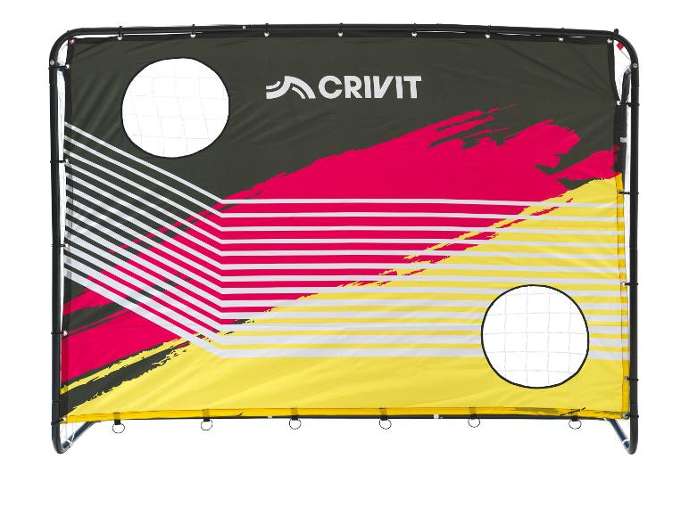 Bâche de football avec trous de tir, design noir, rouge et jaune.
