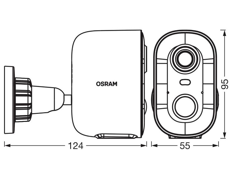 Dessin technique d'une caméra de sécurité avec dimensions : 124mm de longueur, 95mm de hauteur, 55mm de largeur.
