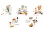 Jouets de cuisine en bois : machine à café, service à thé, crêpes, grille-pain et casseroles de pâtes.