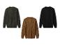 Trois pulls : un vert foncé, un marron et un noir.