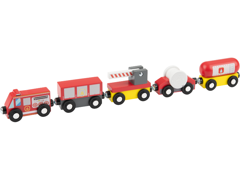 Train jouet en bois avec locomotive de pompiers et wagons de fret, citerne et barrière.