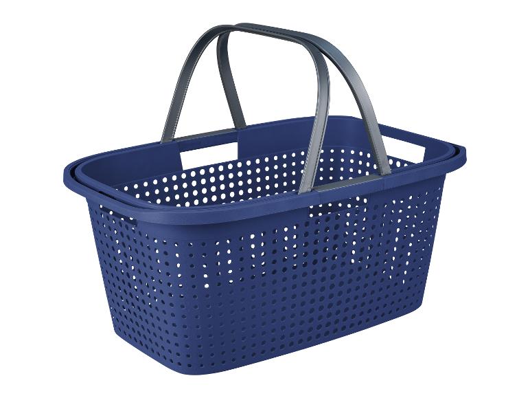 Panier de rangement bleu avec poignées, idéal pour le linge ou les courses.