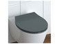 Un abattant de toilette gris foncé sur des toilettes blanches.