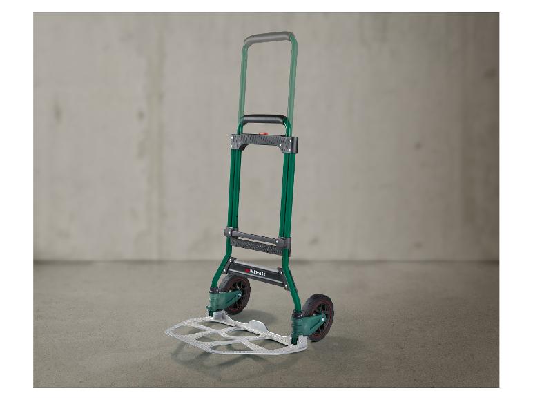 Diable pliant Parkside pour le transport de charges, vert et noir, sur fond gris.