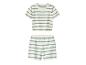 Ensemble bébé tricoté à rayures blanches et vertes, composé d'un haut et d'un short.