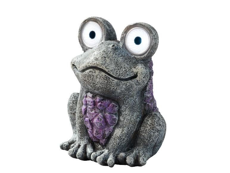 Décoration de jardin grenouille avec yeux solaires, grise avec accents violets.