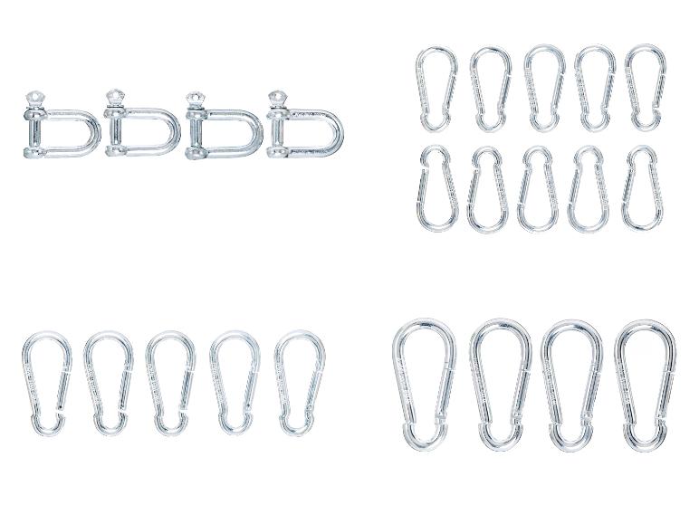 Mousquetons et manilles métalliques de différentes tailles.