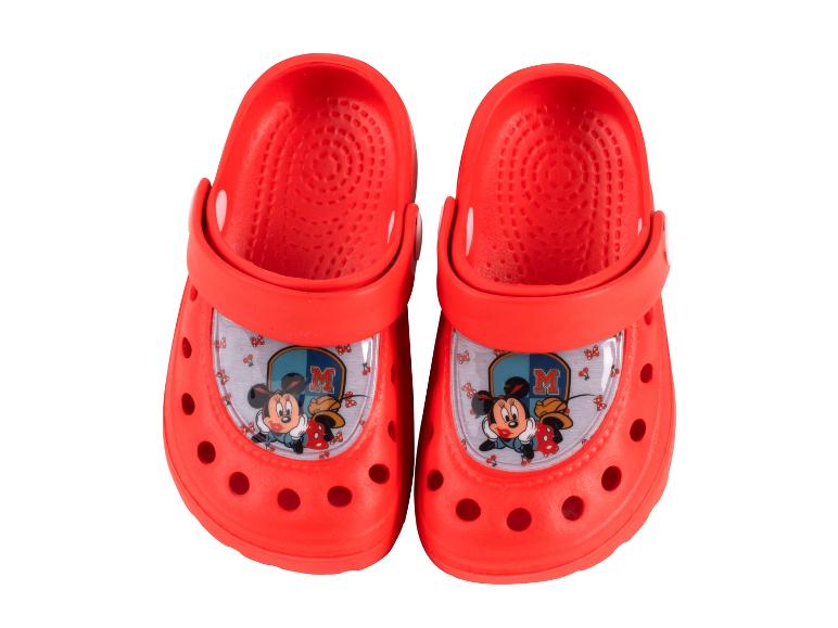 Sabots rouges pour enfants avec Minnie et Mickey.