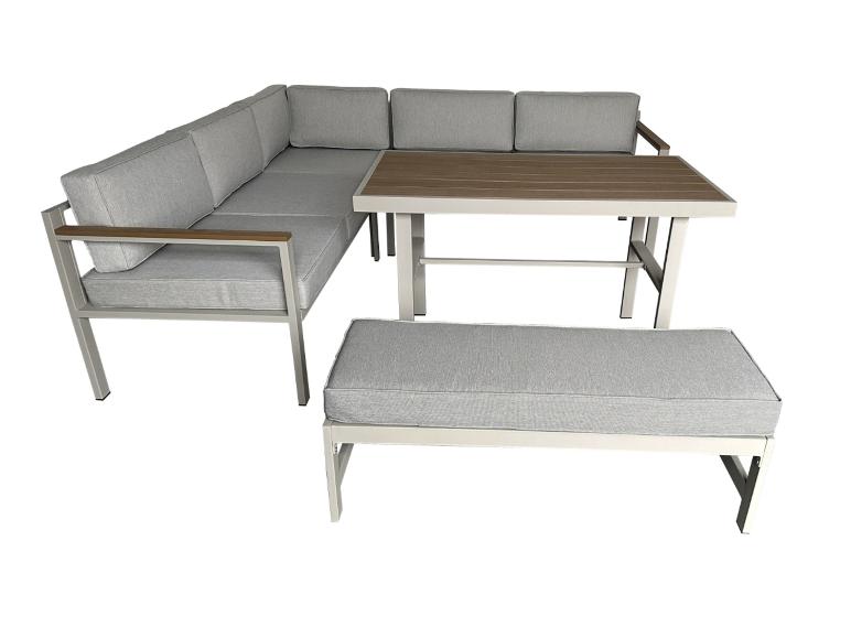 Salon de jardin d'angle gris clair avec table en bois et banc.