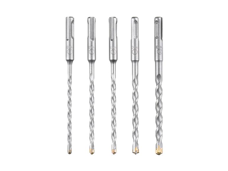 Cinq forets à percussion SDS pour béton, diamètres 5, 6, 8 et 10 mm.