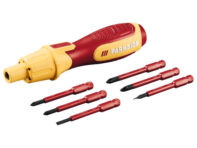 Tournevis Parkside avec poignée rouge et accents jaunes, avec six embouts interchangeables.