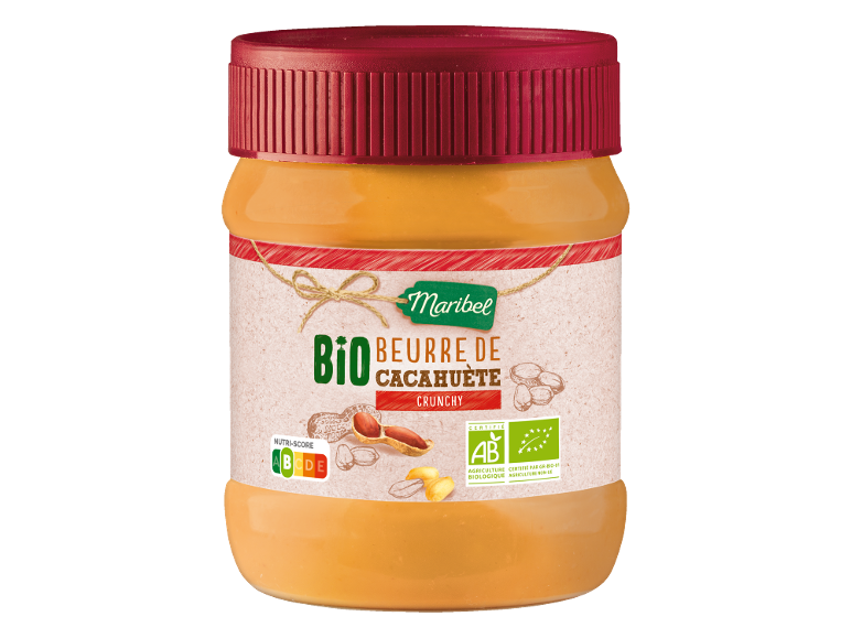 Beurre de cacahuète bio croquant dans un pot avec Nutri-Score A et certification bio.