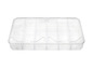 Une boîte de rangement transparente avec plusieurs compartiments.