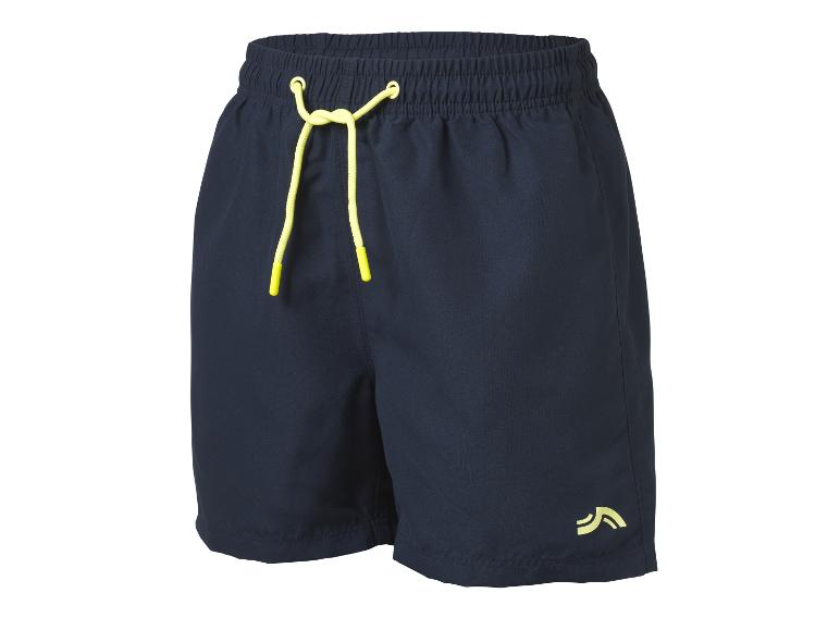 Short de bain homme bleu foncé avec cordon de serrage jaune et petit logo jaune.