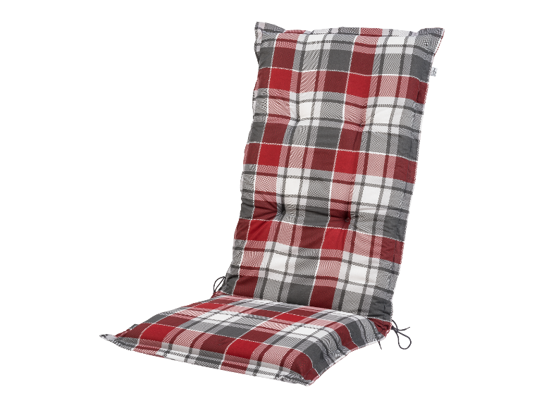 Coussin de chaise à carreaux rouges et gris.