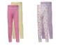 Deux paires de leggings pour enfants: rose et jaune, et blanc fleuri avec violet.
