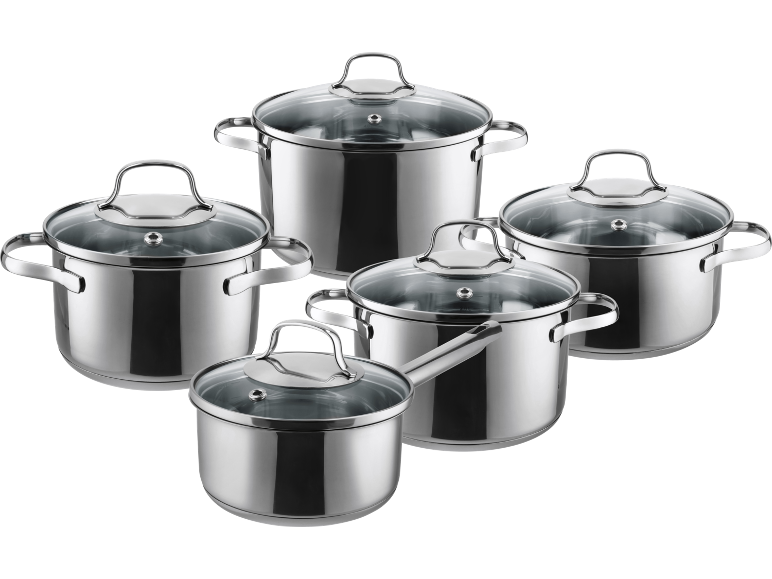 Ensemble de casseroles en acier inoxydable avec couvercles en verre.