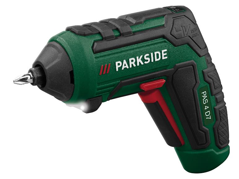 Tournevis électrique vert et noir avec un accent rouge, portant l'inscription « PAS 4 D7 ».