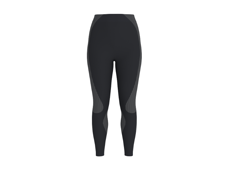 Legging de sport gris foncé avec motifs à rayures verticales sur les côtés et les cuisses.