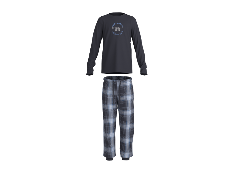 Pyjama bleu foncé avec un haut à manches longues portant l'inscription 'GOOD MORNING BREAKFAST CLUB' et un pantalon à carreaux.
