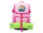 Sac à dos rose avec un chien de dessin animé et une couverture verte roulée en dessous.