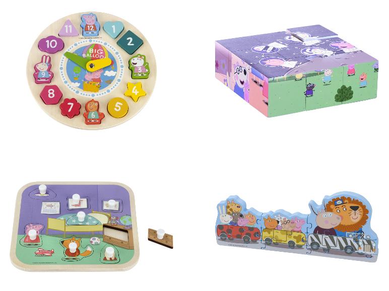 Jouets en bois Peppa Pig : horloge, puzzle et planche d'encastrement.