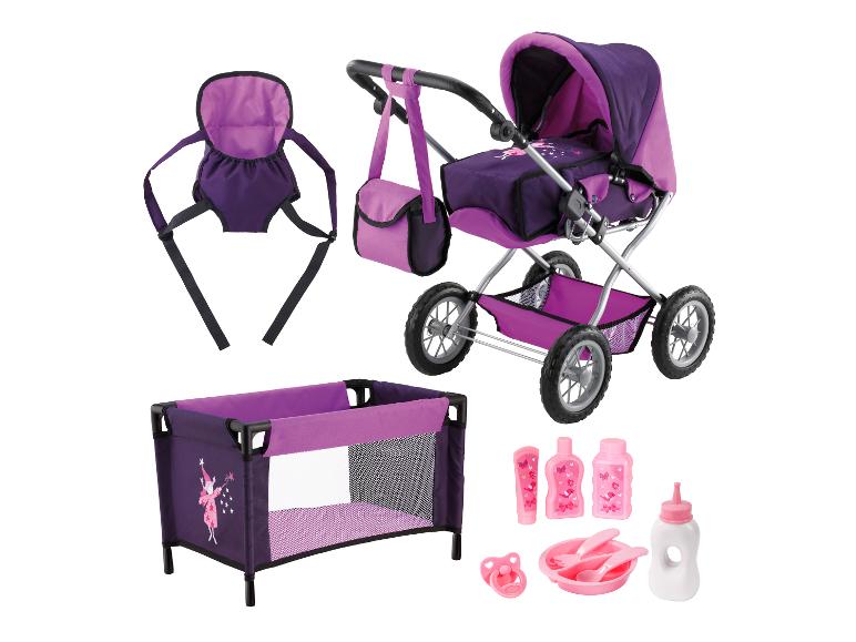 Poussette de poupée violette, porte-bébé, lit et accessoires thème fée.