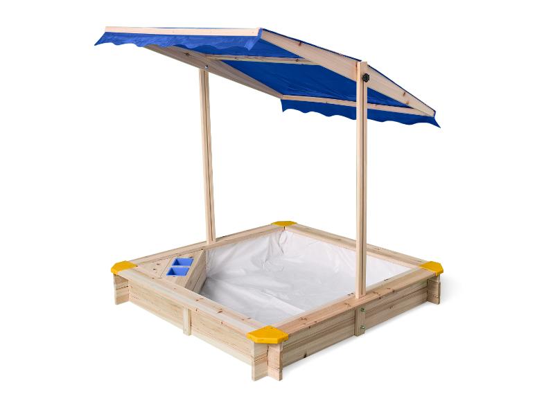 Bac à sable en bois pour enfants avec auvent bleu et coins jaunes