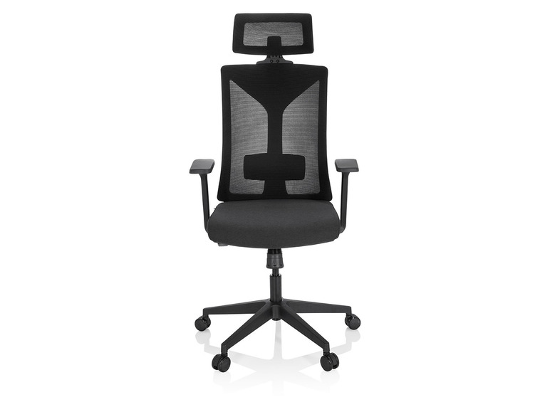 Un fauteuil de bureau noir avec un dossier en maille et un appui-tête.