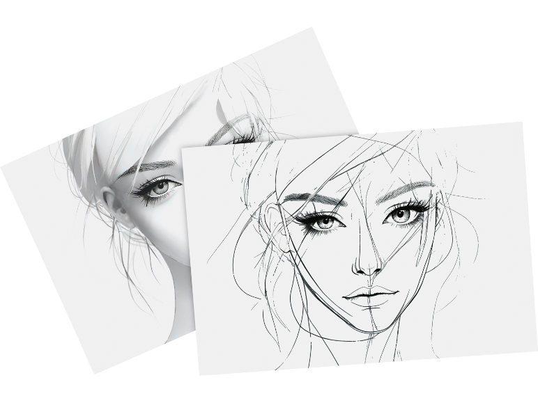 Deux croquis du visage d'une femme montrant différentes étapes du dessin.