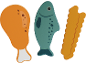 Jouet en bois : pilon de poulet, poisson et frites.