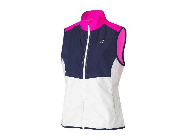 Gilet de course à pied CRIVIT pour femme, bleu, blanc et rose.