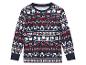 Un pull de Noël bleu avec des rennes, des pères Noël et des cadeaux.