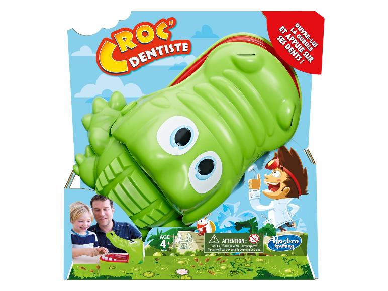 Le jeu de société 'Croc Dentiste' de Hasbro Gaming, avec un crocodile vert qui peut attraper tes dents.