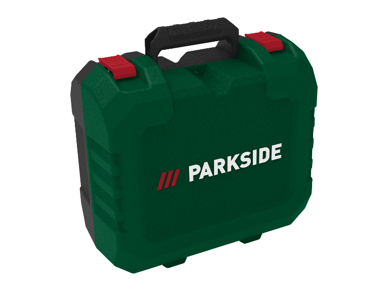 Une boîte à outils Parkside verte avec poignée.