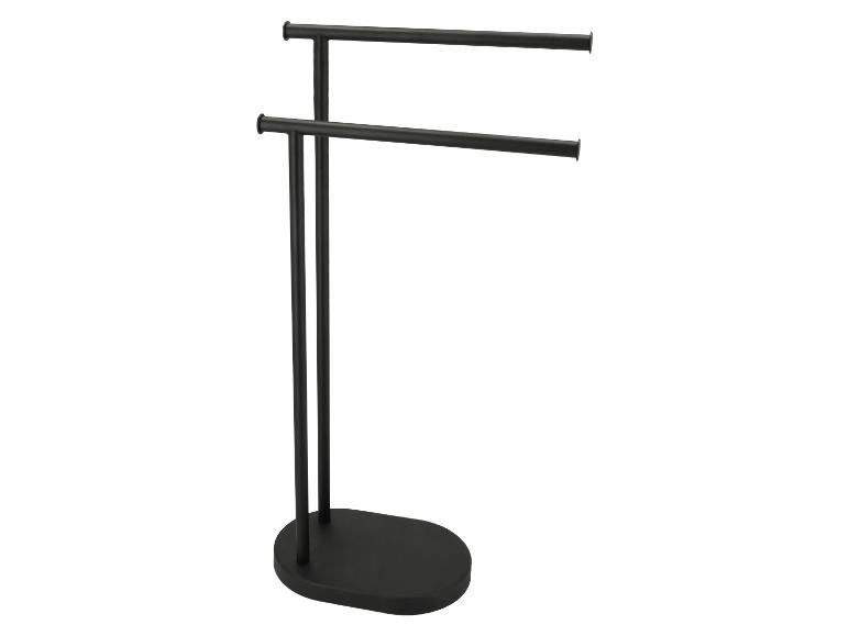 Porte-serviettes noir autoportant avec deux barres et une base ovale.