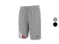 Short de survêtement gris avec cordon de serrage et détails à rayures bleues, blanches et rouges.