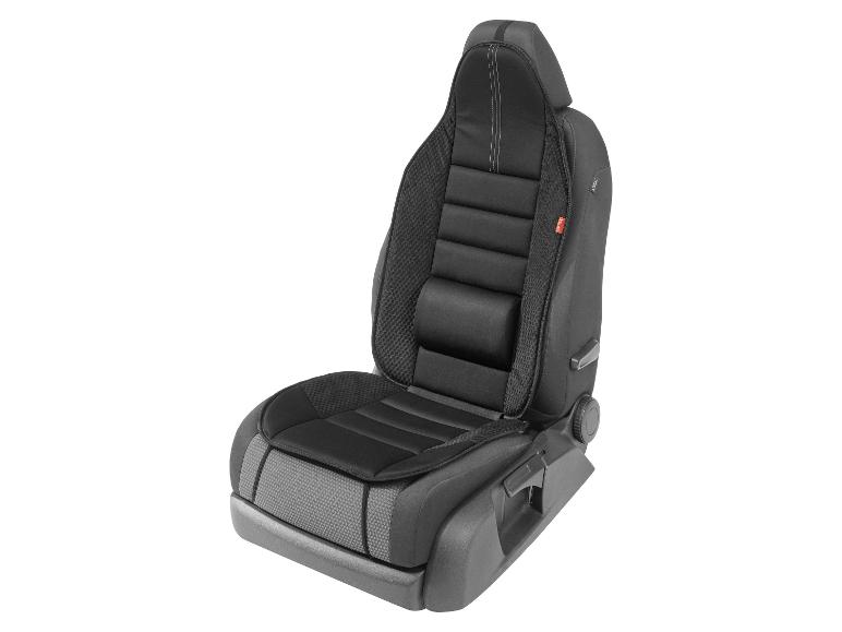 Housses de siège auto noires avec coussin lombaire.