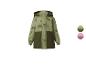 Veste softshell verte pour enfants avec motif dinosaure et capuche.