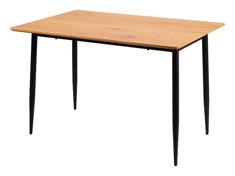 Table à manger rectangulaire en bois clair avec pieds noirs.