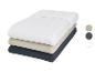 Ensemble de draps-housses en coton blanc, beige et gris foncé.