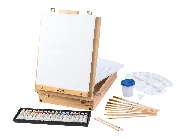 Kit d'art Crelado avec chevalet en bois, peintures, pinceaux et palette.