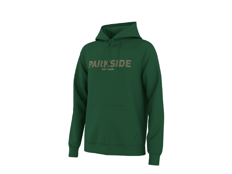 Sweat à capuche vert foncé avec le texte 'PARKSIDE EST. 1996' sur la poitrine.